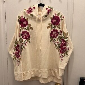 Johnny Was Cream Hoodie with Pink Floral Embroidery